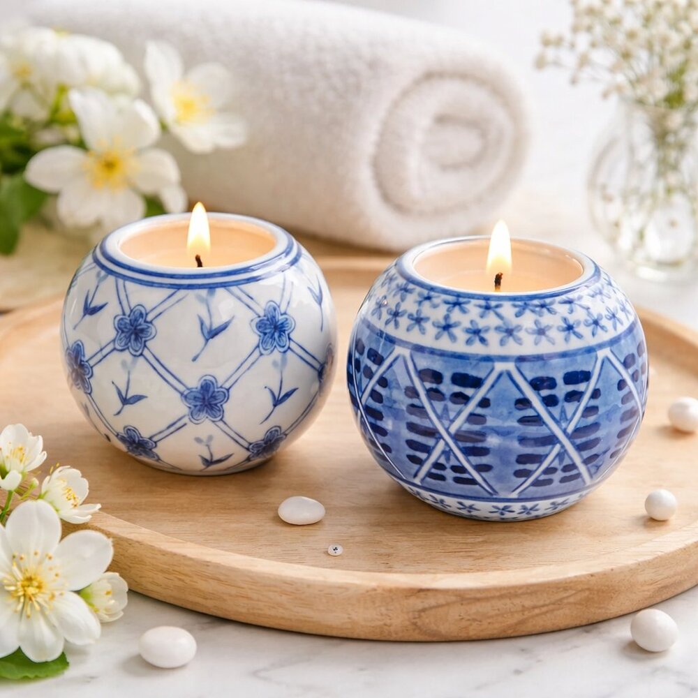 Pair of Blue & White Chinoiserie Ceramic Porcelain Tealight Candle Holders